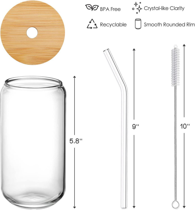 Drinking Glass with Bamboo Lids and Glass Straws 4 Packs,16 oz Can Shaped  Glass Cups,Glass Beer Can Cups with Lids for Iced  Coffee,Soda,Whiskey,Bubble Tea,Water,Juicing,Smoothies,Milk 