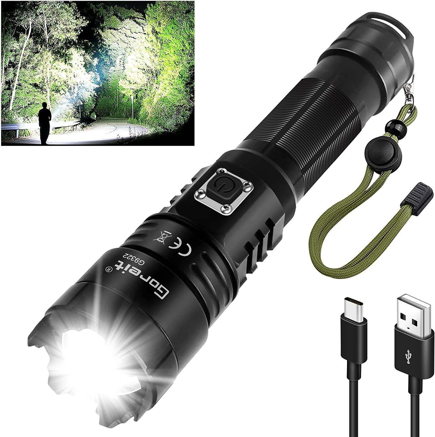 Goreit Flashlight High Lumens Rechargeable, 20000 Lumen Led Flashlights  XHP70.2 USB Super Bright Flash Light, High Powered Handheld Flashlights for  Emergencies Camping, IP67 Waterproof, Zoomable Black