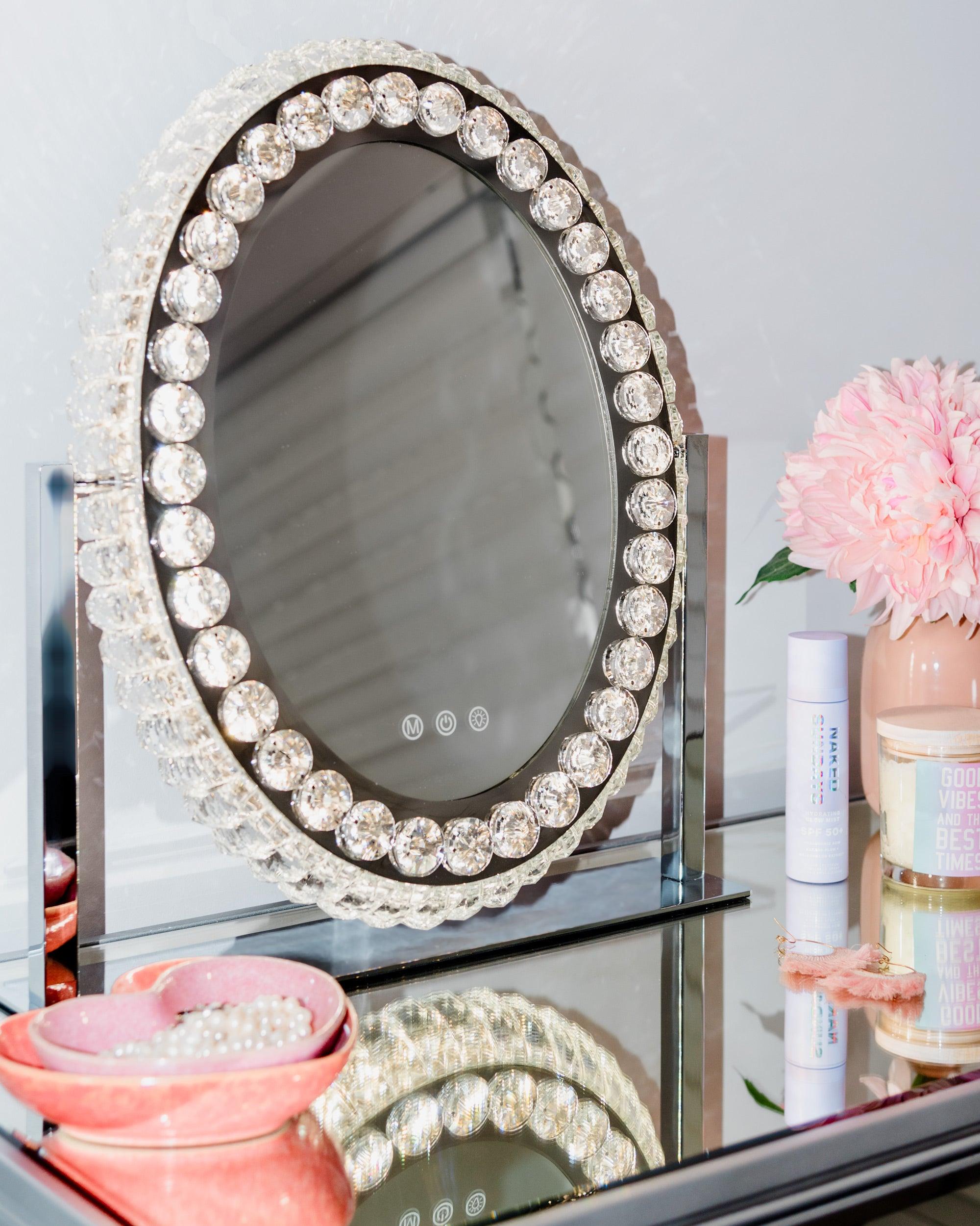 Silver vanity deals mirror with lights